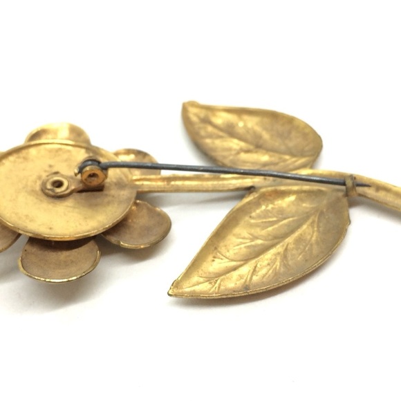 VINTAGE MCM FLOWER BROOCH PIN RED RHINESTONE ART NOUVEAU GOLD TONE MID -CENTURY - Picture 14 of 14